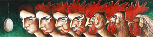 The cockerel's riddle 2000 oil on wood cm.30x120